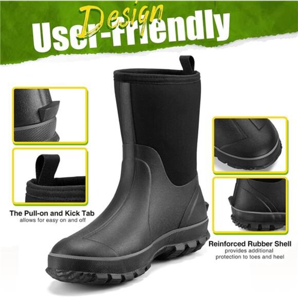 Rubber Boots for Men, 5.5mm Neoprene Insulated Rain Boots with Steel Shank